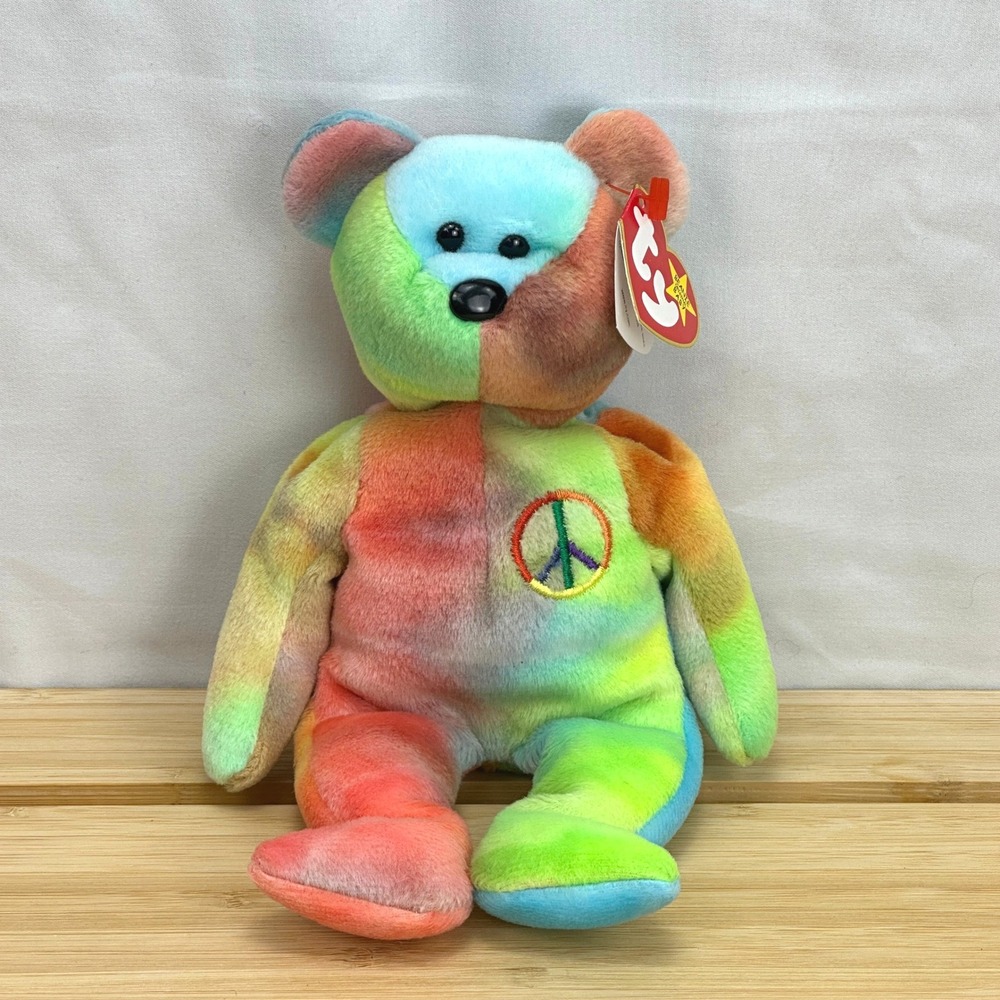 Ty Beanie Babies Peace Bear Vintage Plush Toy Tie Dye Rainbow Beautiful Colors